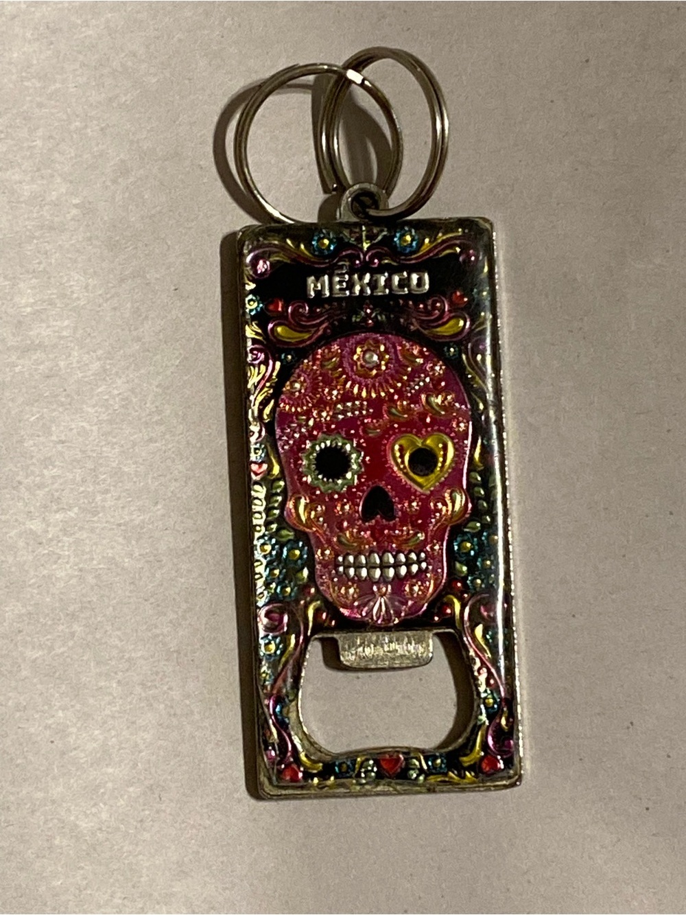 Mexico Sugar Skull Bottle Opener Keychain - Pink & Gold